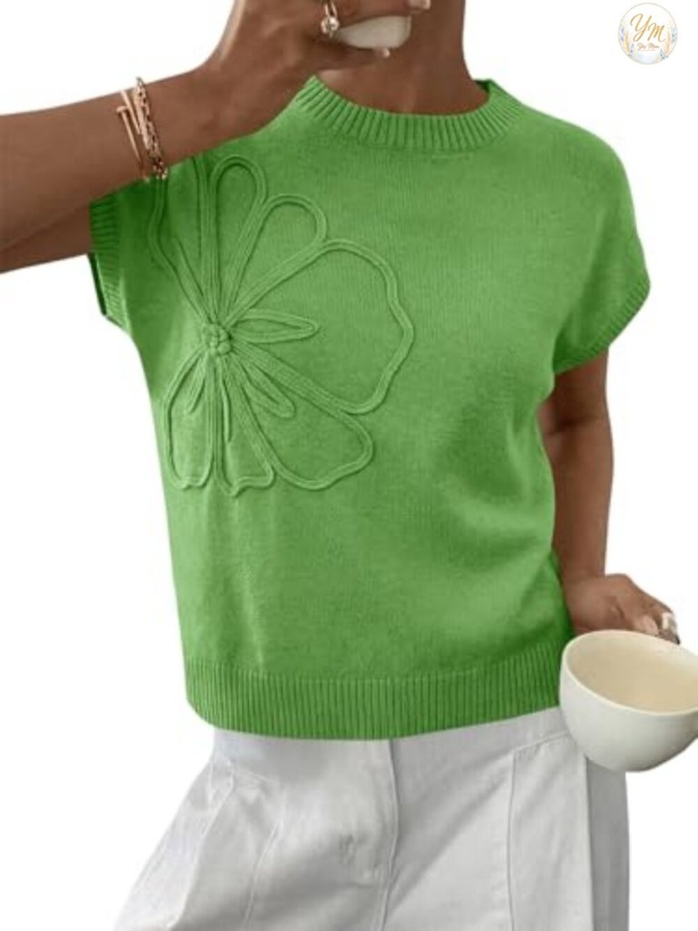 Womens Short Sleeve Floral Knit Sweater Lightweight Pullover Top